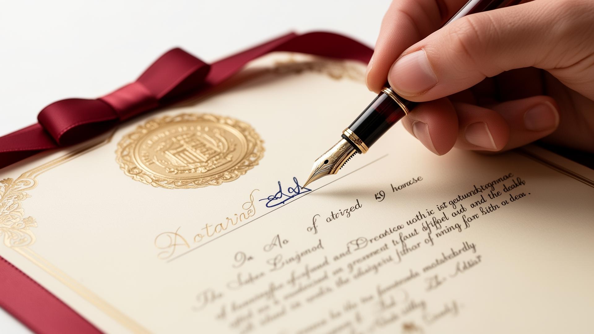 Fountain pen signing a notarized document with red ribbon and gold seal